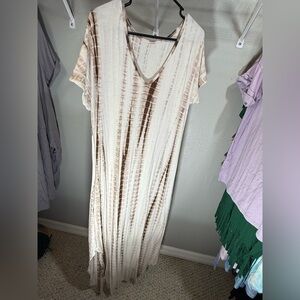⚡️ Boho Tie Dye Maxi Dress XXL Cream Brown Flowy Casual Beach Lounge Plus Size